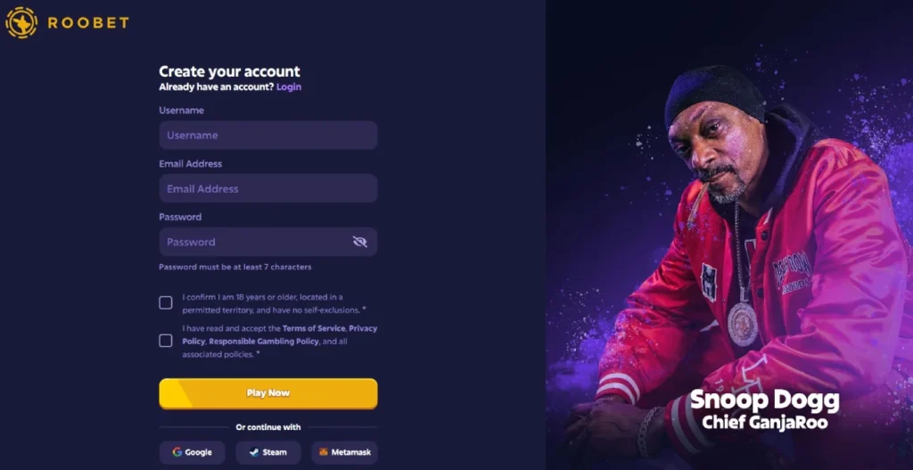Registering at Roobet